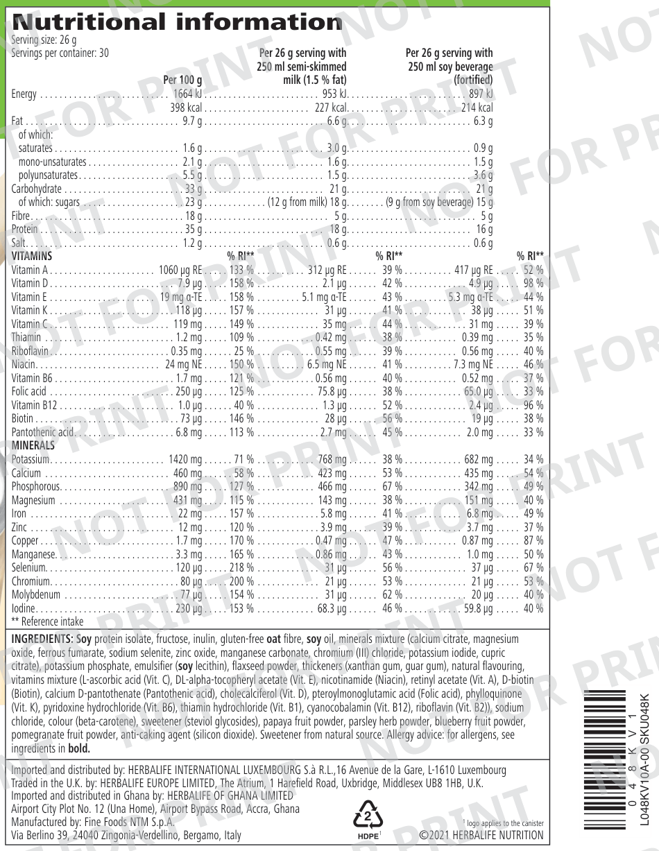 Herbalife Formula 1 Vanilla Cream 780g nutritional information and ingredients