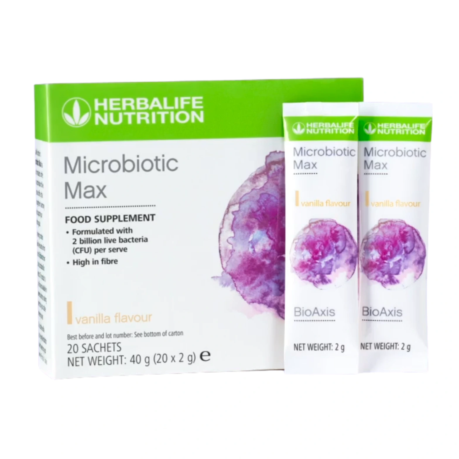 Herbalife Microbiotic Max vanilla flavour carton with two sachets, 20 sachets, 40 g