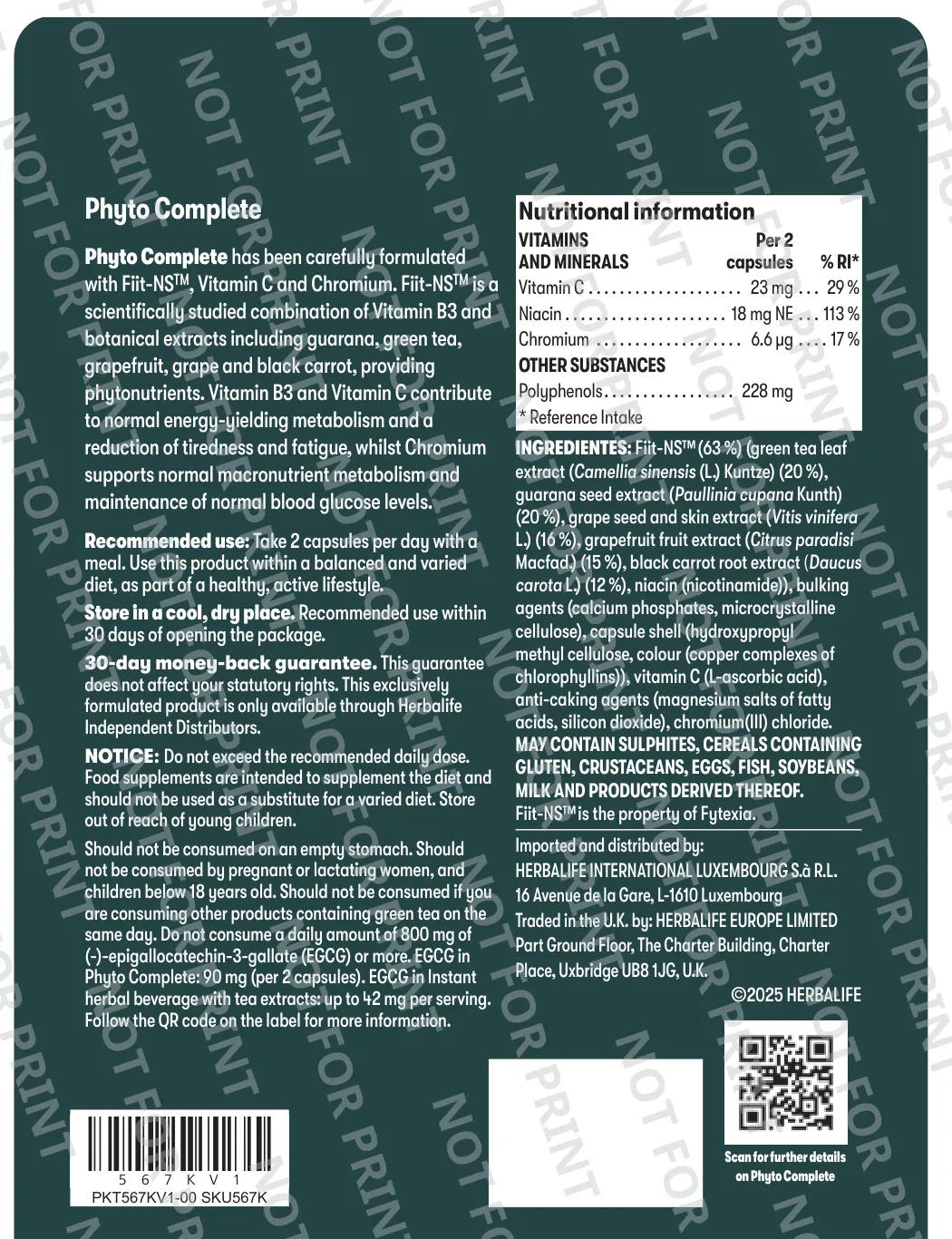Herbalife Phyto Complete 60 capsules nutritional information and ingredients