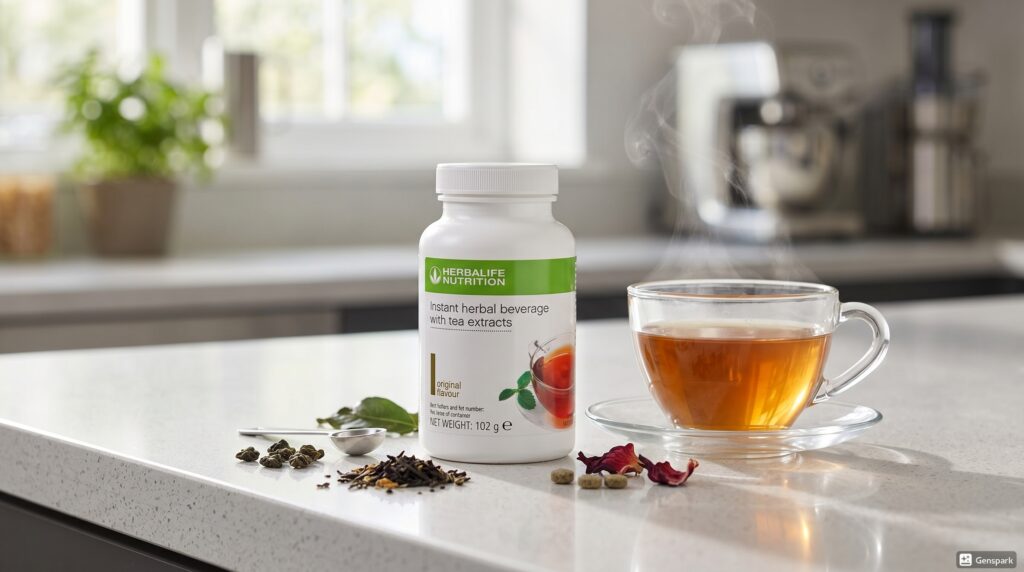 A white container of Herbalife Instant Herbal Beverage with tea extracts original flavour on a kitchen counter next to a steaming glass cup of tea.