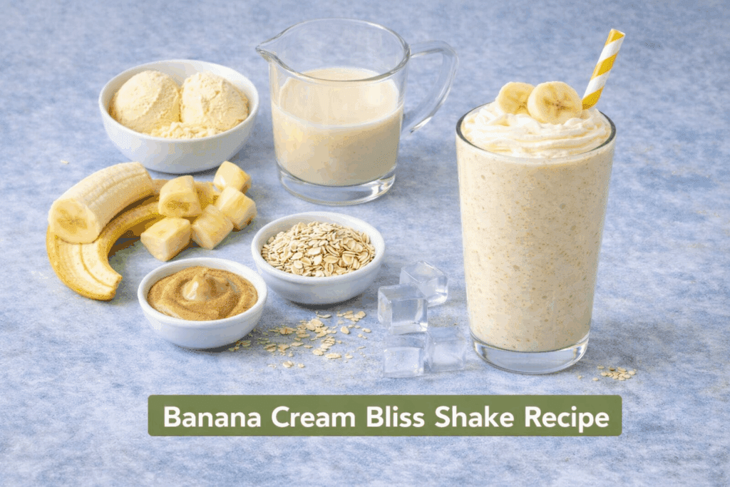 Creamy banana protein shake made with banana, almond milk, oats and ice in a glass