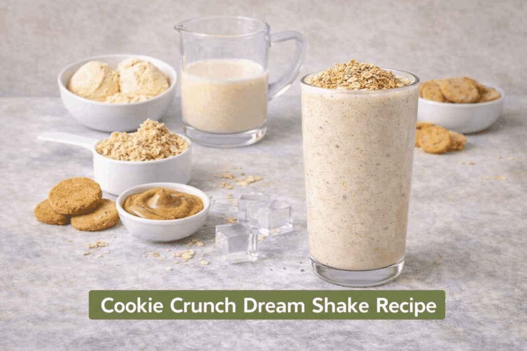 Cookie flavoured protein shake with peanut butter, crushed biscuits and milk in a glass