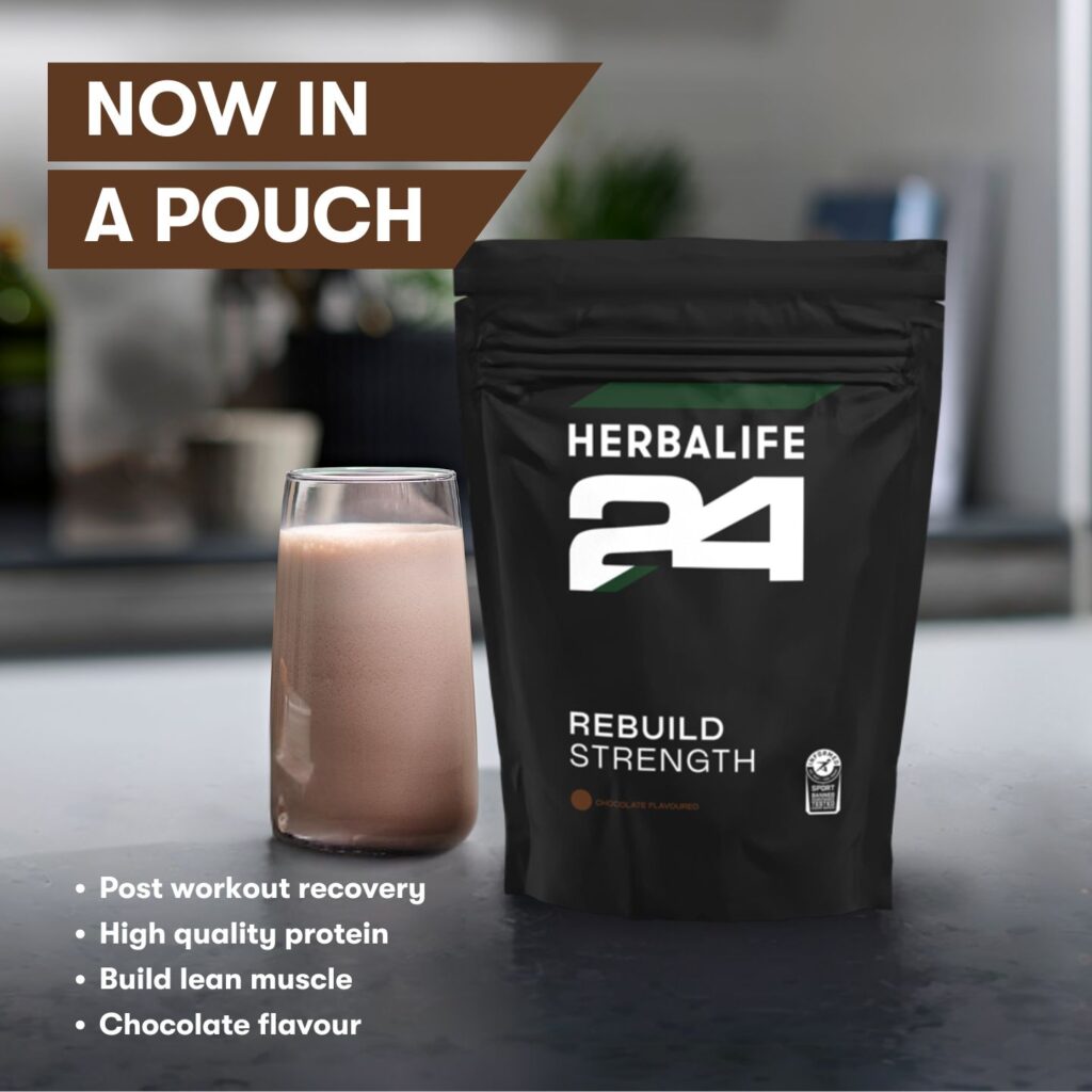 Herbalife24 Rebuild Strength chocolate flavoured post-workout recovery shake in a pouch, featuring the Informed Sport logo for UK athletes.
