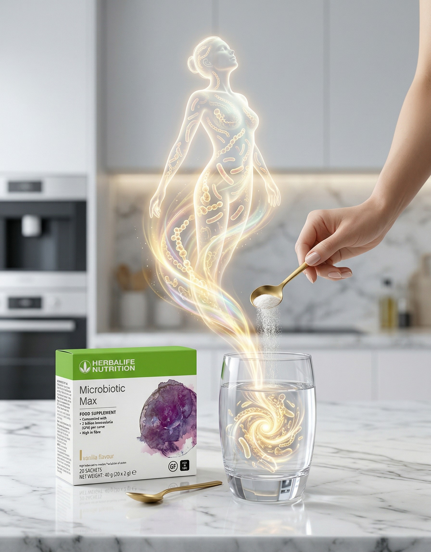Herbalife Microbiotic Max supplement sachet being poured into a glass of water for gut health and bloating support UK