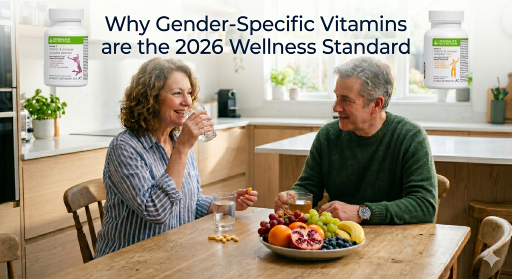 A middle-aged couple in a bright modern kitchen enjoying a healthy breakfast with fresh fruits, featuring Herbalife Formula 2 Vitamin & Mineral Complex bottles for men and women in the top corners.