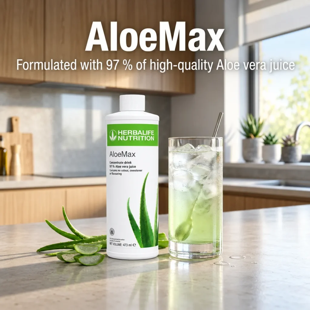 Herbalife AloeMax concentrate drink with 97% Aloe vera juice served over ice
