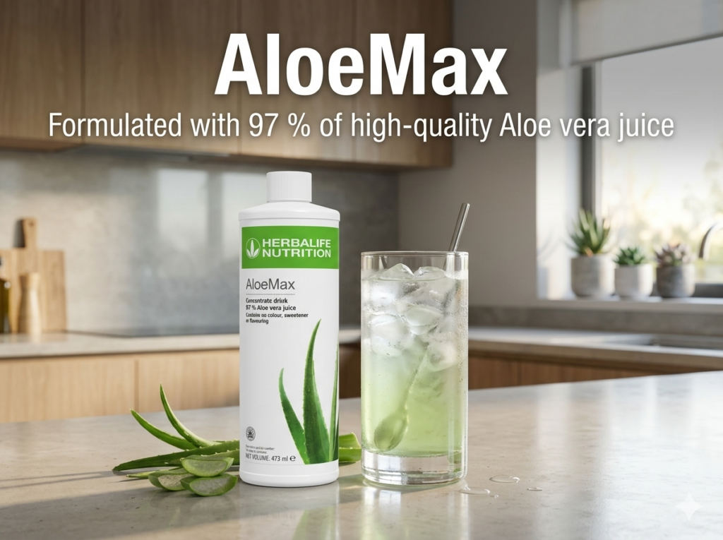 A bottle of Herbalife AloeMax next to a tall glass of iced aloe water on a white marble kitchen counter, featuring the text Formulated with 97 percent of high-quality Aloe vera juice.