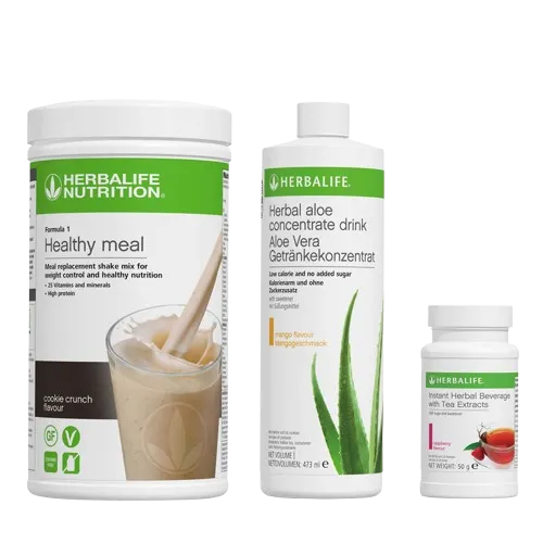Herbalife Ideal Breakfast Kit featuring Formula 1 Shake, Mango Aloe Concentrate, and Raspberry Herbal Tea for weight management