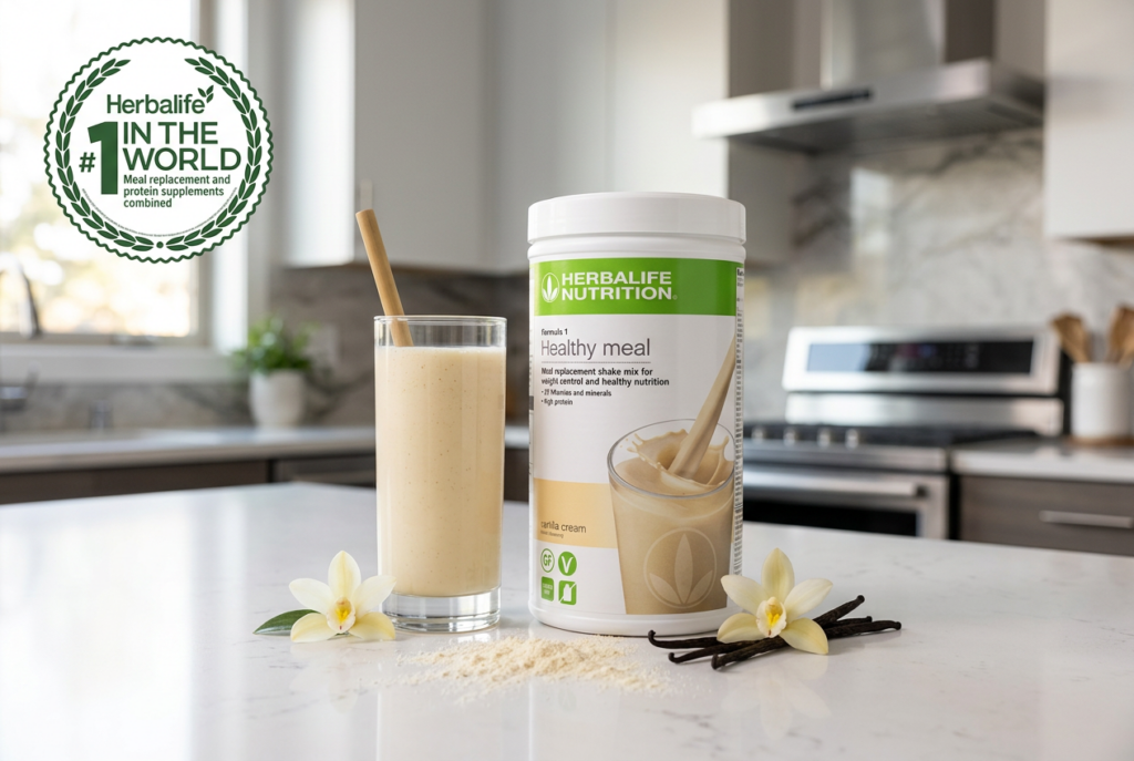 Herbalife Formula 1 Nutritional Shake Mix Vanilla Cream 550g canister with a prepared glass of shake on a modern kitchen counter.