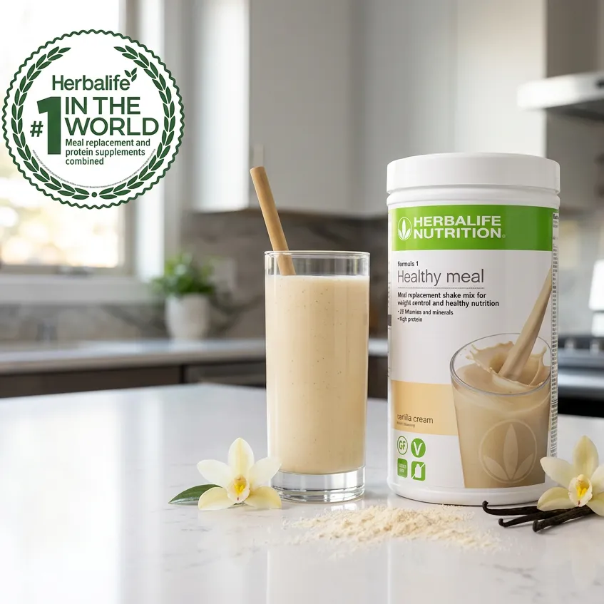 Herbalife Formula 1 Vanilla Cream shake prepared in a glass