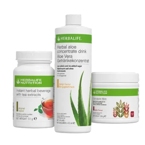 Herbalife beverages including herbal tea, Aloe Concentrate and Oat Apple Fibre