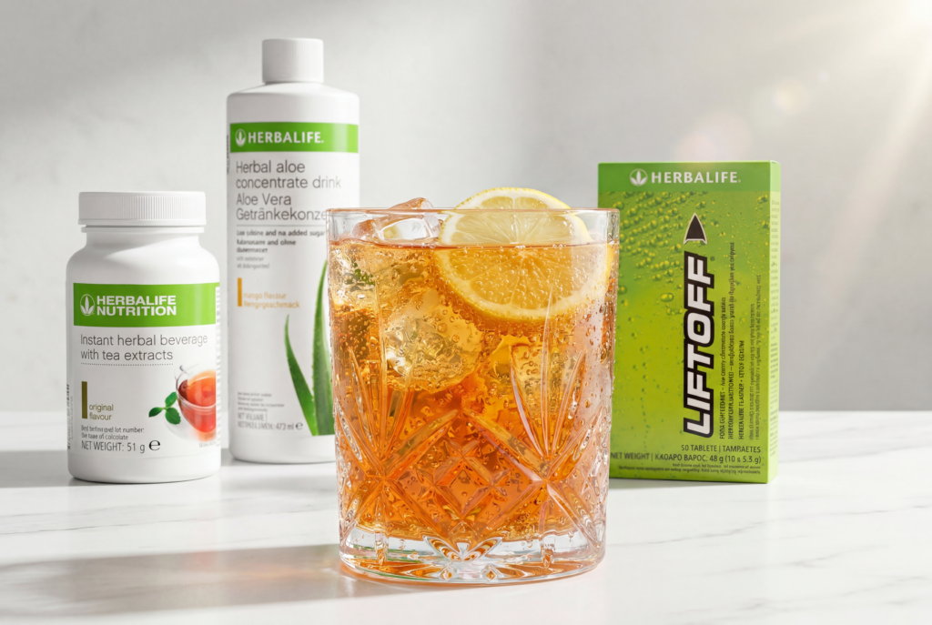 An elegant crystal tumbler filled with effervescent iced Turbo Tea and a fresh lemon slice, arranged on a white marble countertop next to Herbalife Instant Herbal Beverage, Herbal Aloe Concentrate, and a LiftOff box under bright morning sunlight.