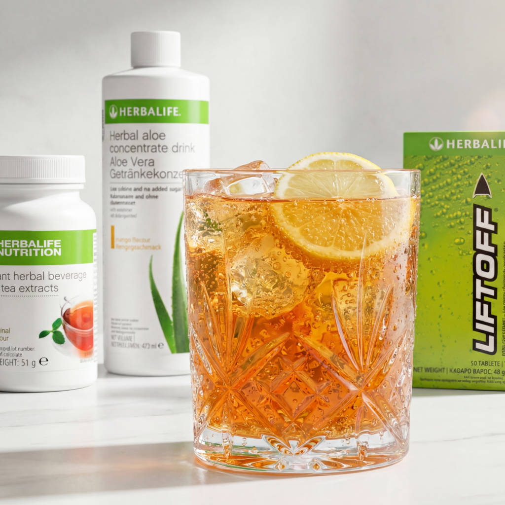 An elegant crystal tumbler filled with effervescent iced Turbo Tea and a fresh lemon slice, arranged on a white marble countertop next to Herbalife Instant Herbal Beverage, Herbal Aloe Concentrate, and a LiftOff box under bright morning sunlight.