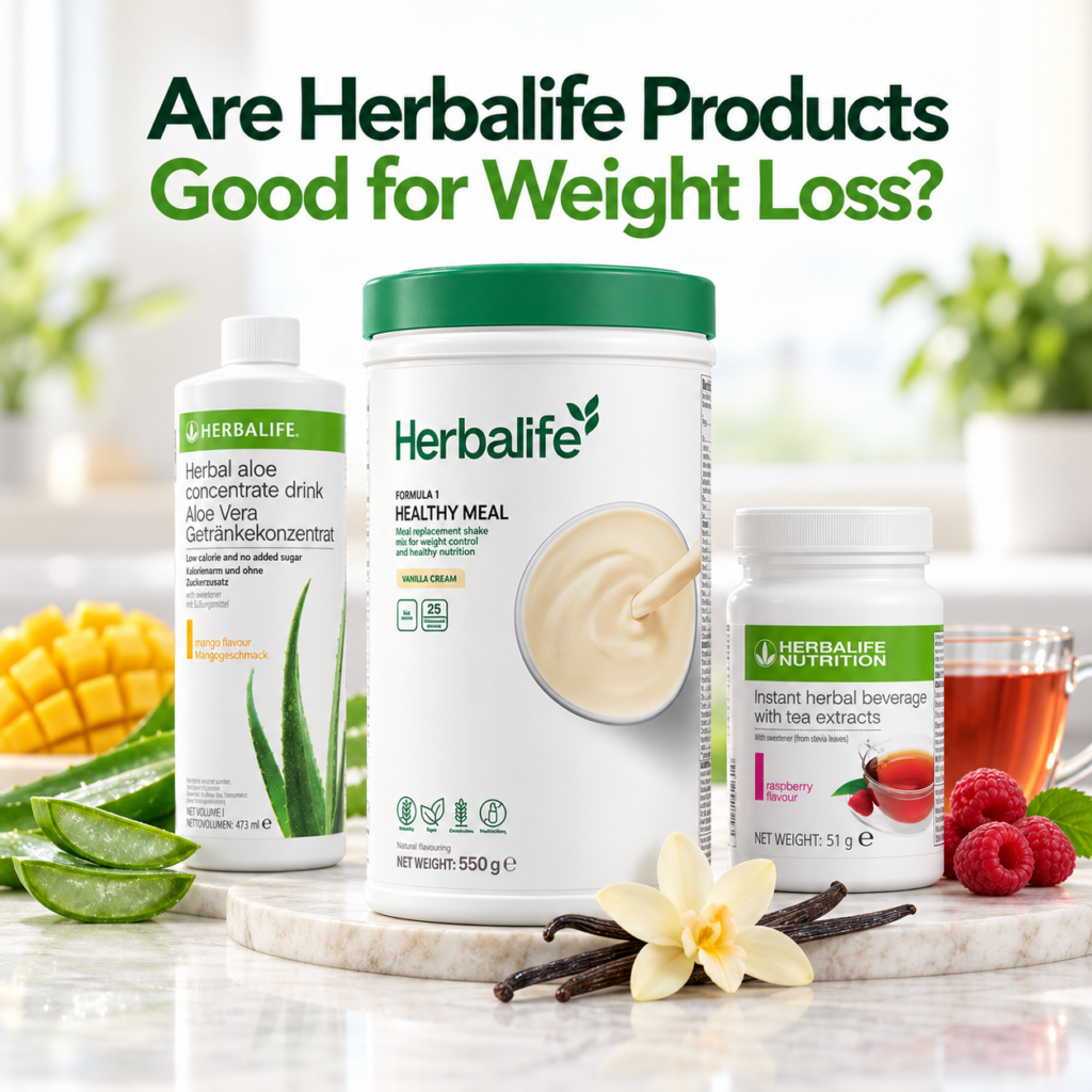 Herbalife Formula 1, Herbal Aloe Concentrate Drink and Instant Herbal Beverage shown in a weight loss guide image