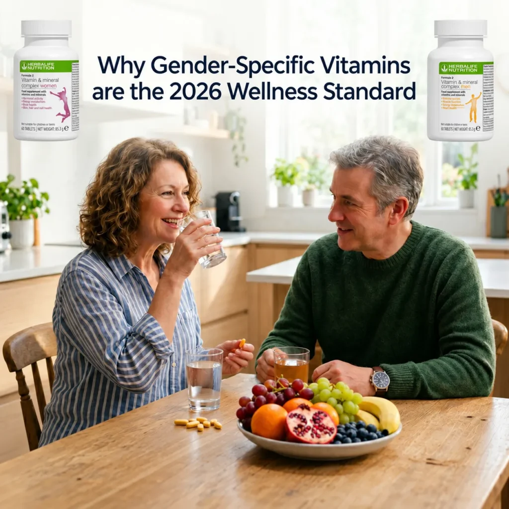 Man and woman taking gender-specific Herbalife Formula 2 vitamins at a breakfast table