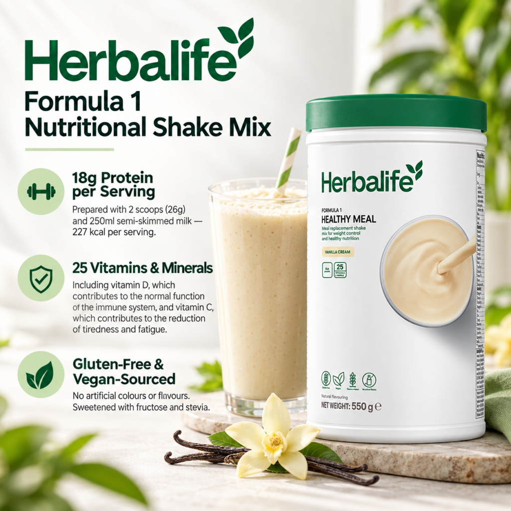 Herbalife Formula 1 Nutritional Shake Mix Vanilla Cream with prepared vanilla shake