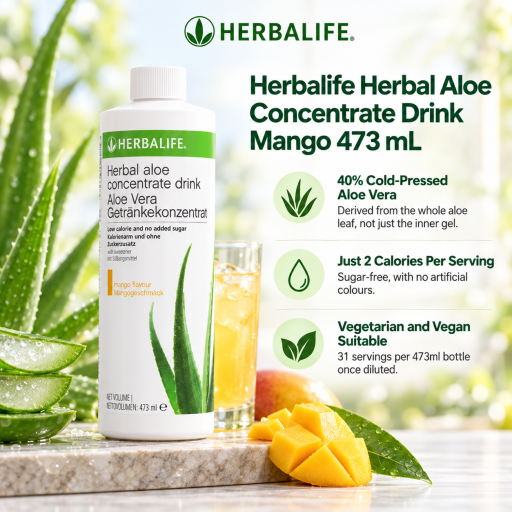 Herbalife Herbal Aloe Concentrate Drink Mango 473ml with aloe vera and mango pieces
