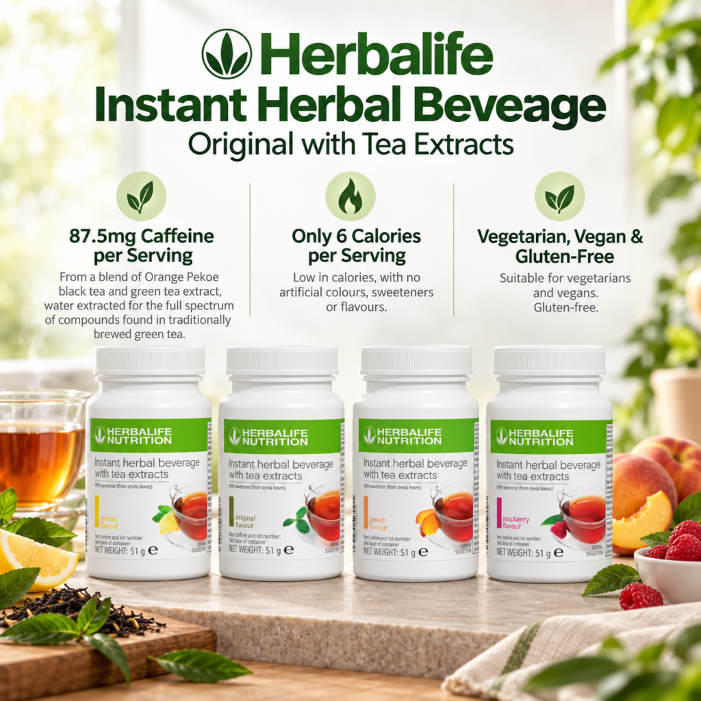 Herbalife Instant Herbal Beverage Original with Tea Extracts shown with lemon, original, peach and raspberry flavours
