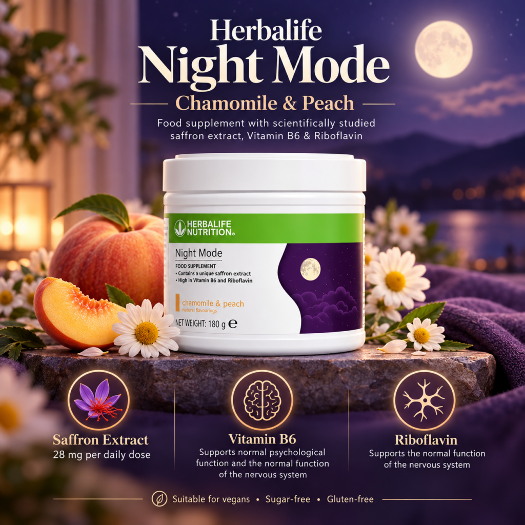 Herbalife Night Mode Chamomile and Peach 180g food supplement with saffron extract, vitamin B6 and riboflavin, suitable for vegans, sugar-free and gluten-free.