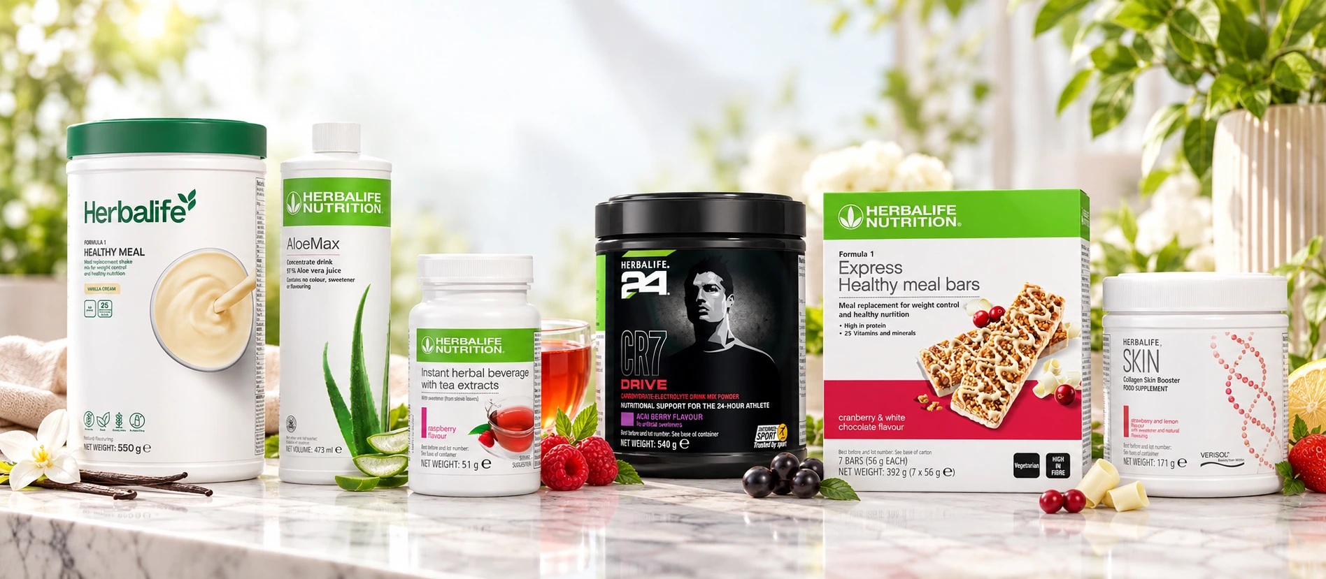 Herbalife products available from MyHerbaStore UK, including Formula 1, AloeMax, herbal tea, CR7 Drive, meal bars and Collagen Skin Booster
