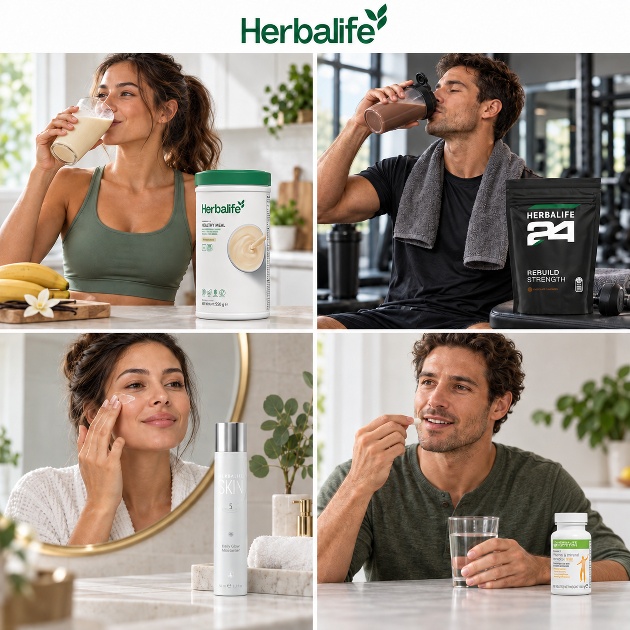Herbalife UK lifestyle collage showing Formula 1 shake, Rebuild Strength sports drink, skincare and Formula 2 vitamins