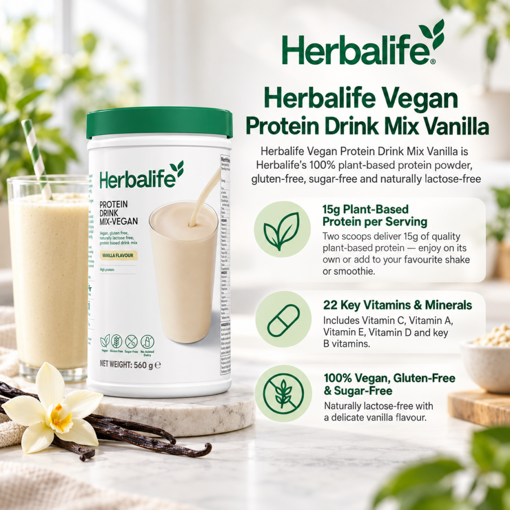 Herbalife Vegan Protein Drink Mix Vanilla with plant-based protein and a prepared vanilla drink
