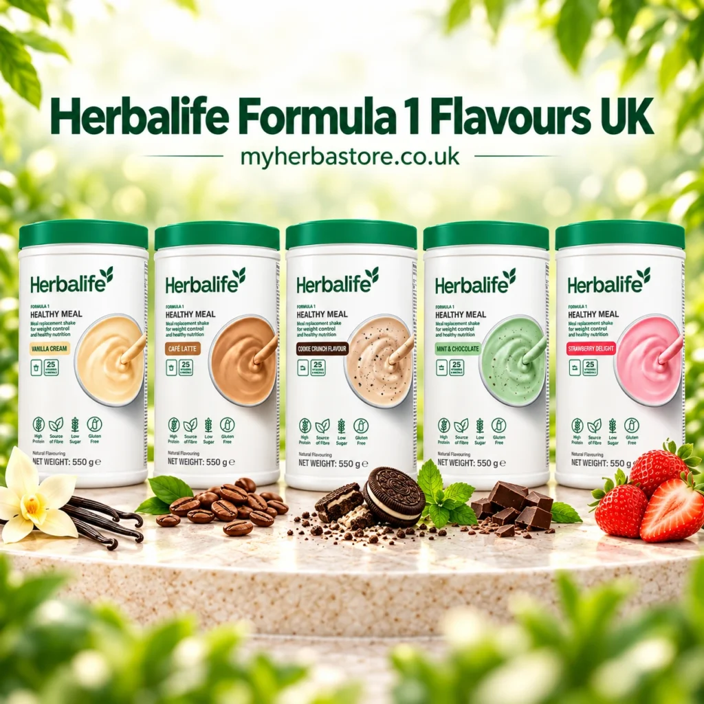 Herbalife Formula 1 flavours UK including Vanilla Cream, Cafe Latte, Cookie Crunch, Mint & Chocolate and Strawberry Delight